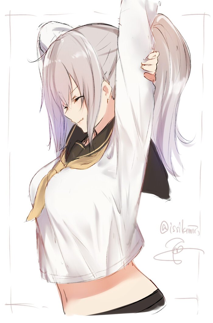 1girl arms_up artist_name breasts closed_eyes fang_out hair_between_eyes isshiki_(ffmania7) large_breasts long_hair long_sleeves midriff navel ponytail school_uniform serafuku shirt silver_hair simple_background sketch solo stretch taut_clothes taut_shirt twitter_username wavy_mouth white_background