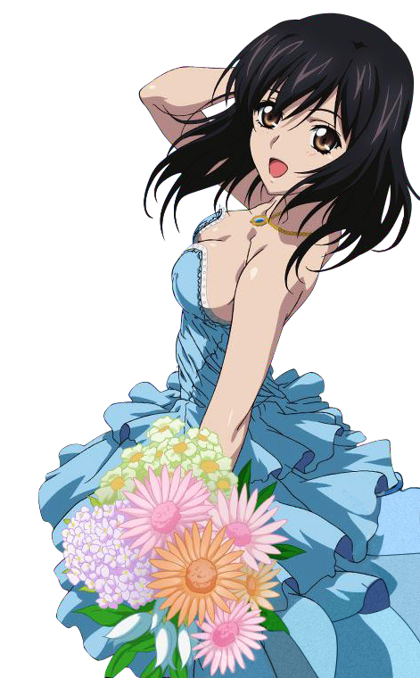 1girl :d black_hair blue_dress bouquet breasts brown_eyes cleavage collarbone dress floating_hair flower from_side green_flower hand_in_hair himeragi_yukina holding holding_bouquet jewelry looking_at_viewer medium_breasts necklace open_mouth orange_flower pink_flower shiny shiny_skin sleeveless sleeveless_dress smile solo standing strapless strapless_dress strike_the_blood transparent_background