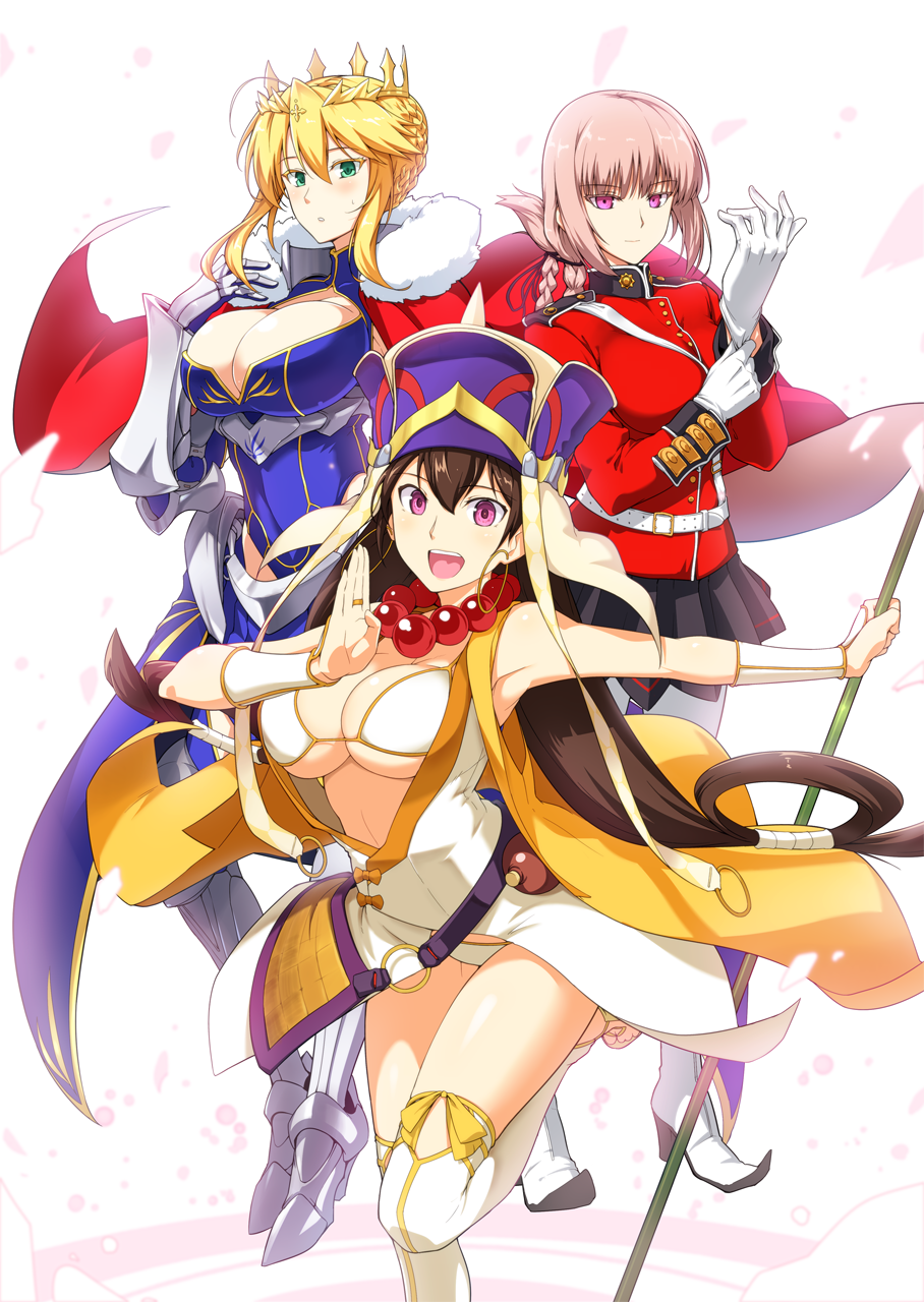 3girls adjusting_clothes adjusting_gloves armor armored_boots artoria_pendragon_lancer_(fate/grand_order) bikini_top black_skirt blonde_hair blue_eyes boots braid breasts brown_eyes brown_hair cape cleavage cleavage_cutout commentary_request crown dress epaulettes fate/grand_order fate_(series) florence_nightingale_(fate/grand_order) fur_trim gauntlets gloves green_eyes hair_between_eyes hair_up hand_up harukon_(halcon) hat highres jacket large_breasts looking_at_viewer low_ponytail military military_uniform multiple_girls open_mouth outstretched_arm overskirt pelvic_curtain petals pleated_skirt red_eyes red_jacket saber shiny shiny_skin sidelocks skirt sleeveless smile thigh-highs uniform white_background white_gloves white_legwear wrist_cuffs xuanzang_(fate/grand_order)