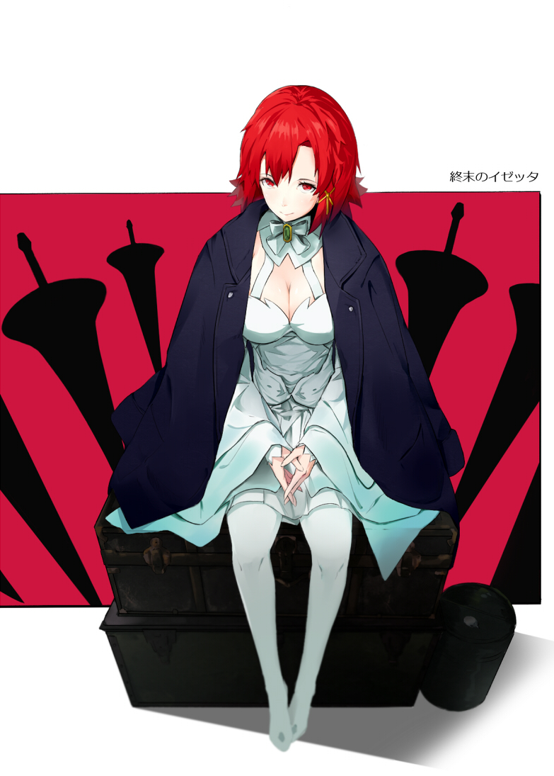 1girl bangs blurry bow breasts brooch cleavage closed_mouth depth_of_field dress eyelashes full_body gorikiri hair_ribbon izetta jacket jewelry long_sleeves looking_at_viewer medium_breasts own_hands_together pantyhose red_eyes redhead revision ribbon shade short_hair shuumatsu_no_izetta silhouette sitting smile solo suitcase weapon white_bow white_dress white_legwear wide_sleeves