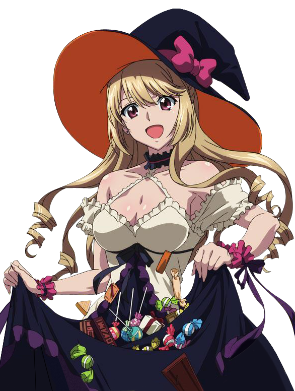 1girl :d aiba_asagi black_hat bow breasts brown_eyes brown_hair choker cleavage dress earrings hat jewelry long_hair looking_at_viewer medium_breasts open_mouth pink_bow shiny shiny_skin skirt_hold smile solo standing strike_the_blood transparent_background witch_hat wrist_cuffs