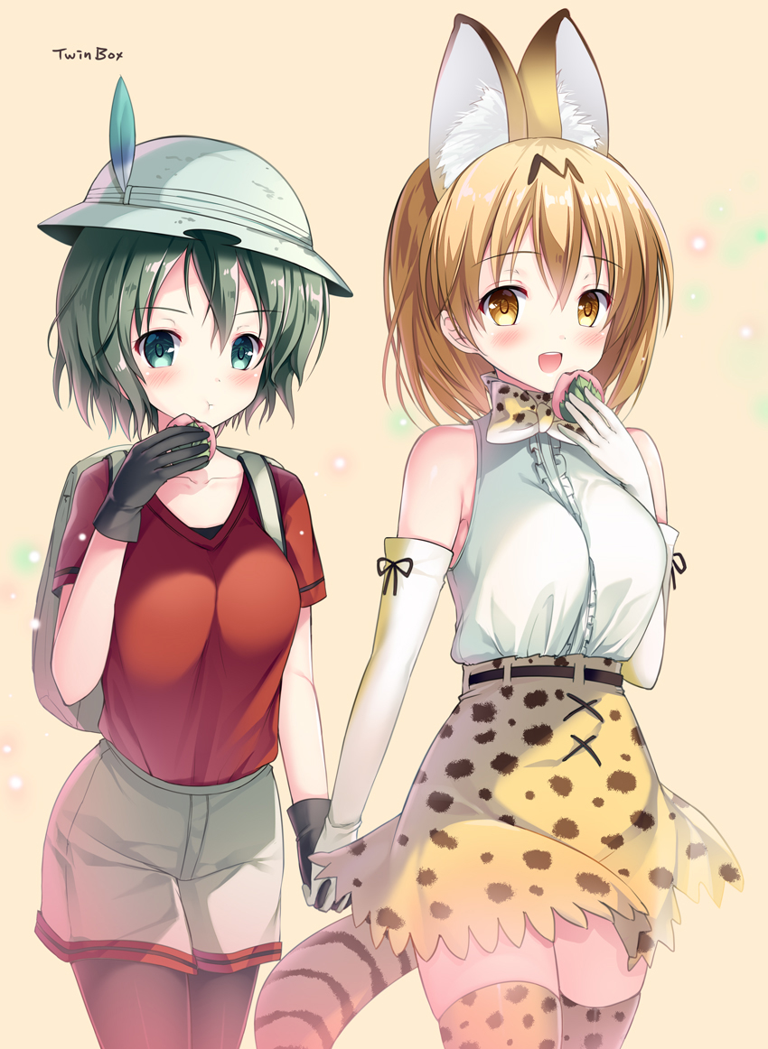 2girls animal_ears animal_print backpack bag black_hair blonde_hair blush bow bowtie bucket_hat cross-laced_clothes eating elbow_gloves food gloves hanahanamaki hand_holding hat hat_feather high-waist_skirt kaban kemono_friends mochi multiple_girls open_mouth pantyhose red_shirt serval_(kemono_friends) serval_ears serval_print serval_tail shirt short_hair shorts skindentation skirt sleeveless sleeveless_shirt tail thigh-highs wagashi wavy_hair yellow_eyes zettai_ryouiki