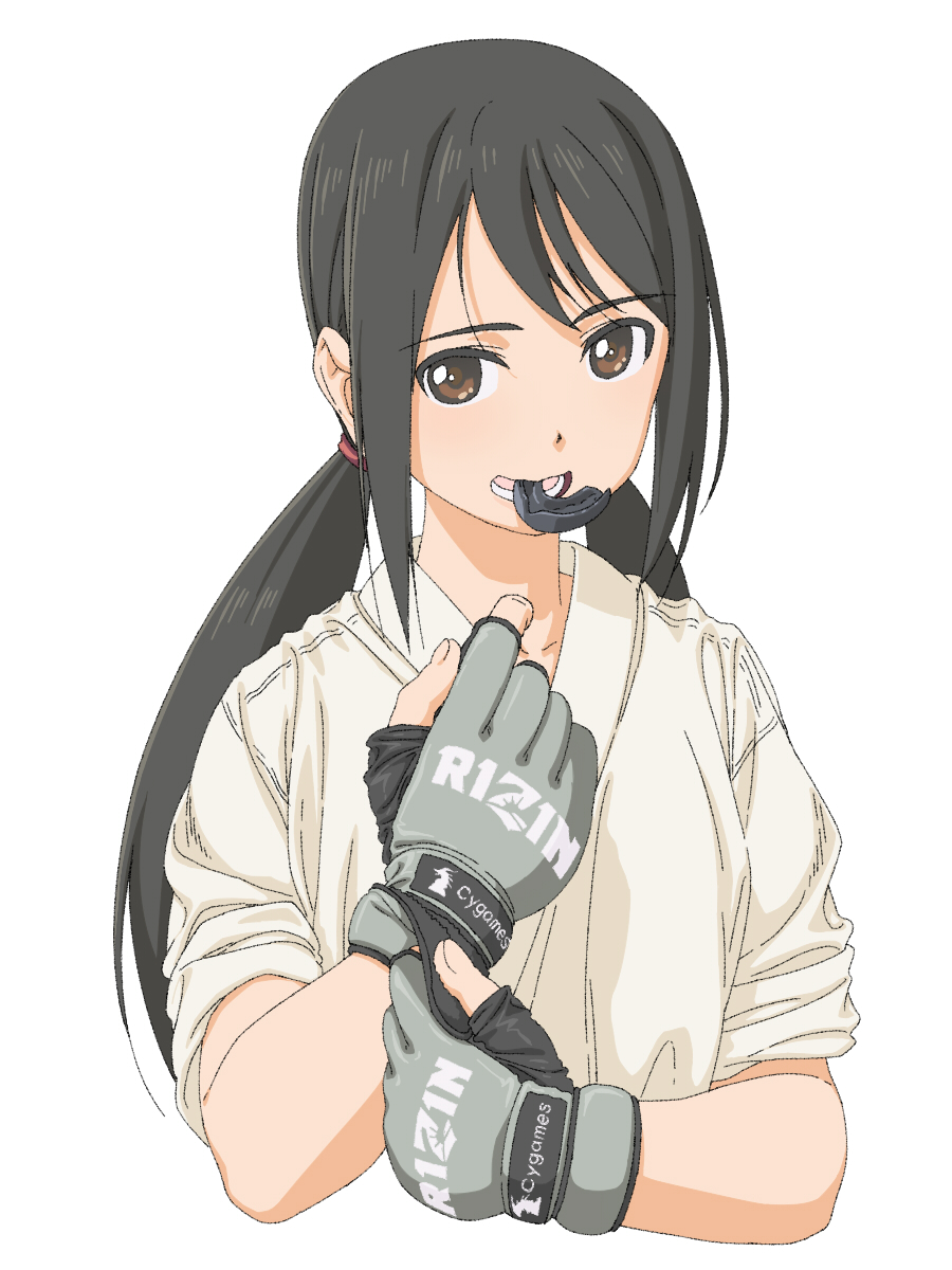 1girl black_hair boko_(maniacpurple) brown_eyes cygames dougi fingerless_gloves gloves highres idolmaster idolmaster_cinderella_girls karate_gi long_hair looking_at_viewer mouth_guard mouth_hold nakano_yuka open_mouth simple_background sleeves_rolled_up solo twintails
