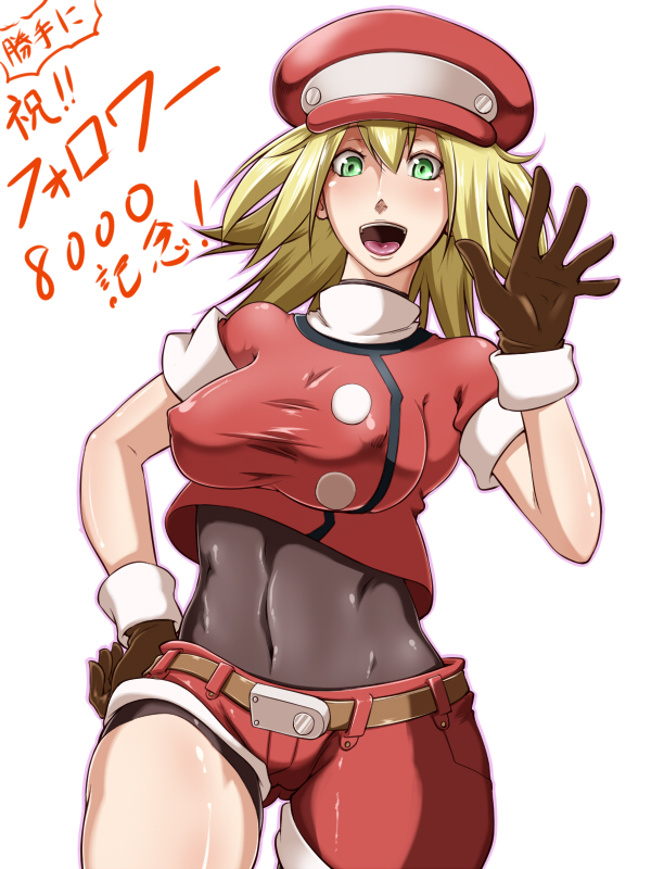 1girl bike_shorts blonde_hair bodystocking breasts cabbie_hat covered_navel erect_nipples gloves green_eyes hat kanta_(k_n_t_r_o) long_hair looking_at_viewer open_mouth red_shorts rockman rockman_dash roll_caskett shorts smile solo