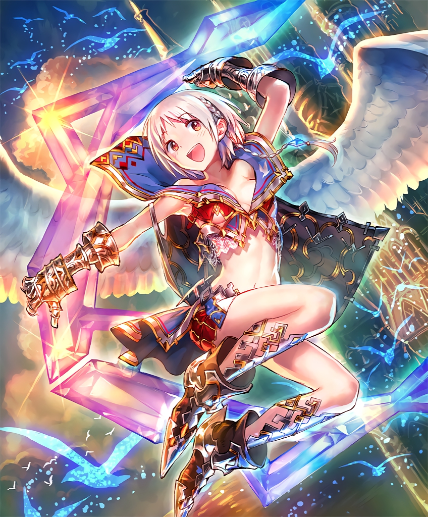 1girl :d angel angel_wings artist_request bird blonde_hair boomerang boots braid castle clouds feathers gauntlets gem hair_ornament luxwing_reno midriff navel official_art open_mouth red_eyes revealing_clothes shadowverse short_hair skirt smile vest weapon wings