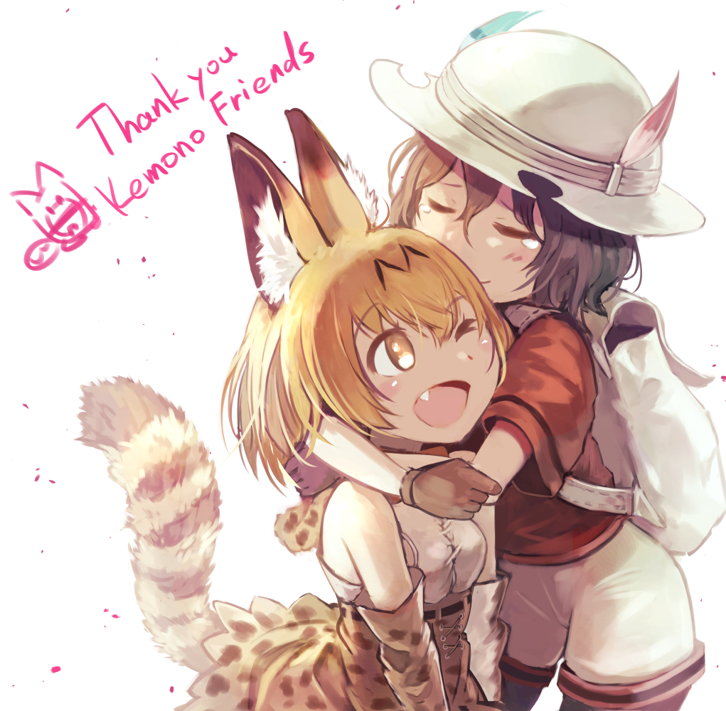 2girls animal_ears backpack bag bare_shoulders black_hair blonde_hair blush bow bowtie brown_eyes brown_hair bucket_hat closed_eyes cross-laced_clothes elbow_gloves english eyebrows_visible_through_hair fang gloves hat hat_feather high-waist_skirt hug kaban kemono_friends lucky_beast_(kemono_friends) multiple_girls one_eye_closed open_mouth pantyhose pantyhose_under_shorts red_shirt serval_(kemono_friends) serval_ears serval_print serval_tail shirt short_hair short_sleeves shorts skirt sleeveless sleeveless_shirt smile tail tearing_up tochibi wavy_hair
