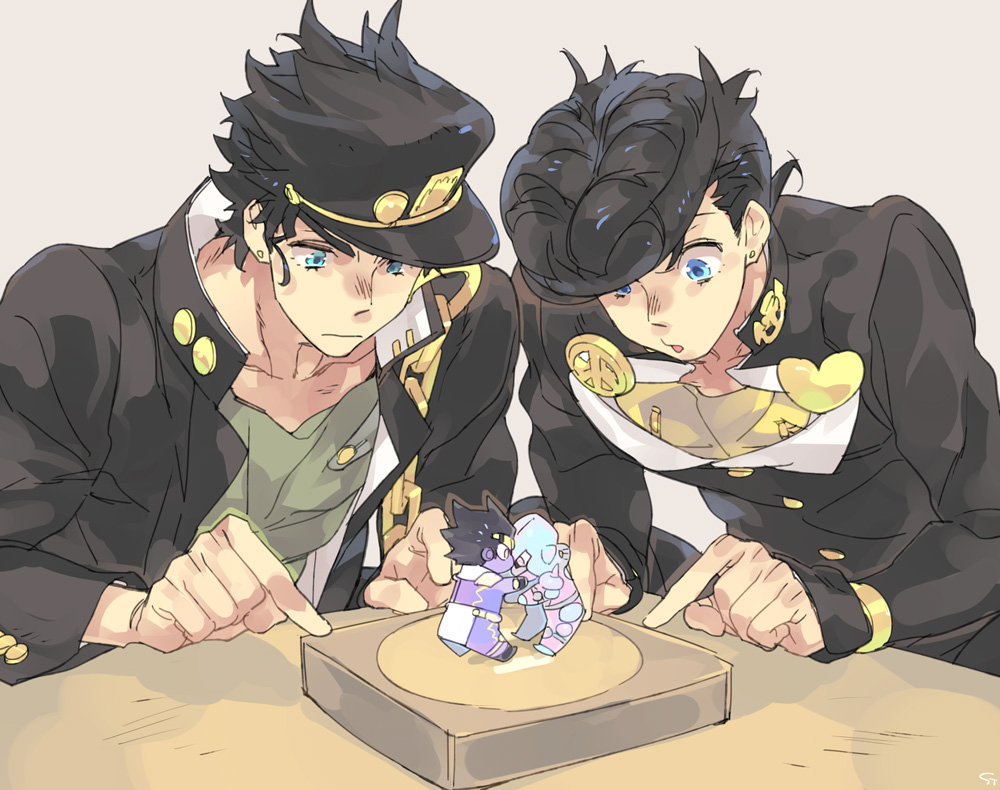 2boys anchor_symbol aqua_eyes black_hair chains crazy_diamond earrings gakuran hat heart higashikata_jousuke jewelry jojo_no_kimyou_na_bouken kuujou_joutarou male_focus multiple_boys parted_lips peace_symbol pin pompadour school_uniform star_platinum stud_earrings toujou_sakana zipper