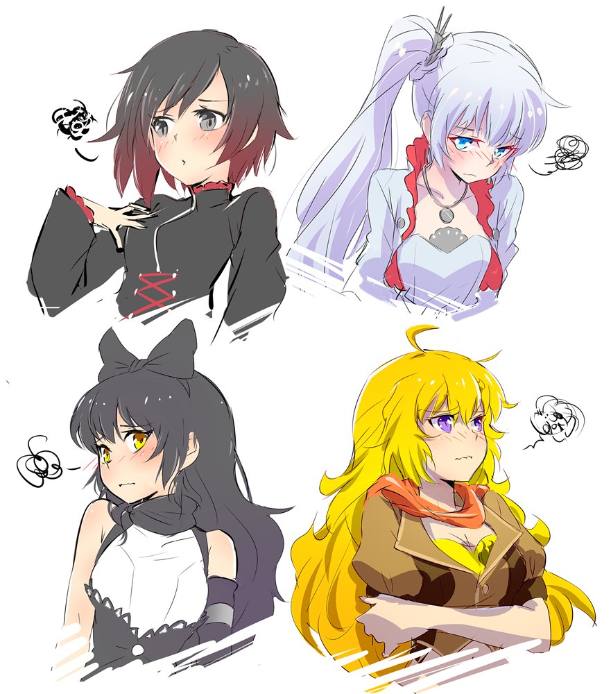 4girls ahoge black_hair blake_belladonna blonde_hair blue_eyes blush breasts cape_removed cleavage commentary grey_eyes iesupa jacket multicolored_hair multiple_girls redhead ruby_rose rwby scarf shy violet_eyes weiss_schnee white_hair yang_xiao_long yellow_eyes