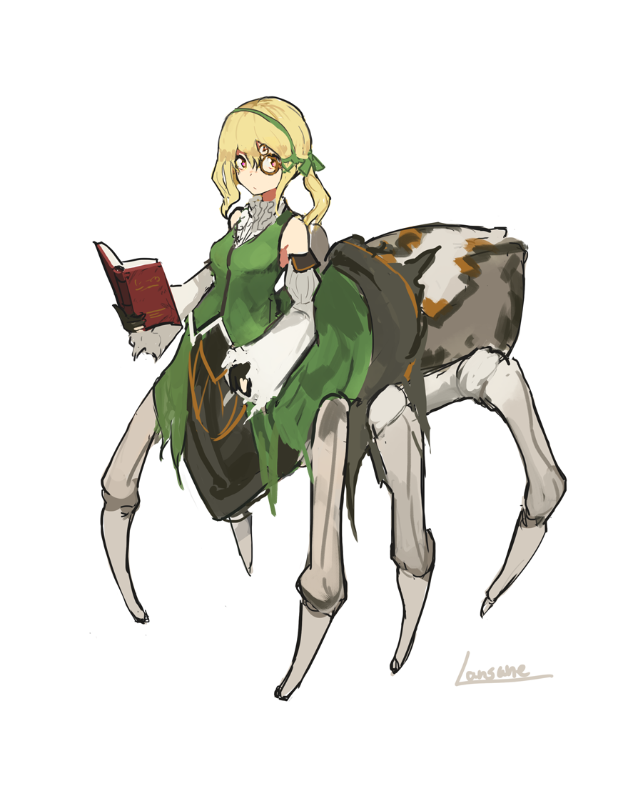 1girl arachne artist_name blonde_hair book bow breasts detached_sleeves extra_eyes frilled_shirt frills green_vest hair_between_eyes hair_bow holding holding_book insect_girl lansane long_sleeves looking_at_viewer medium_breasts monocle monster_girl multiple_legs original ponytail shirt solo spider_girl spider_legs vest white_background wide_sleeves yellow_eyes