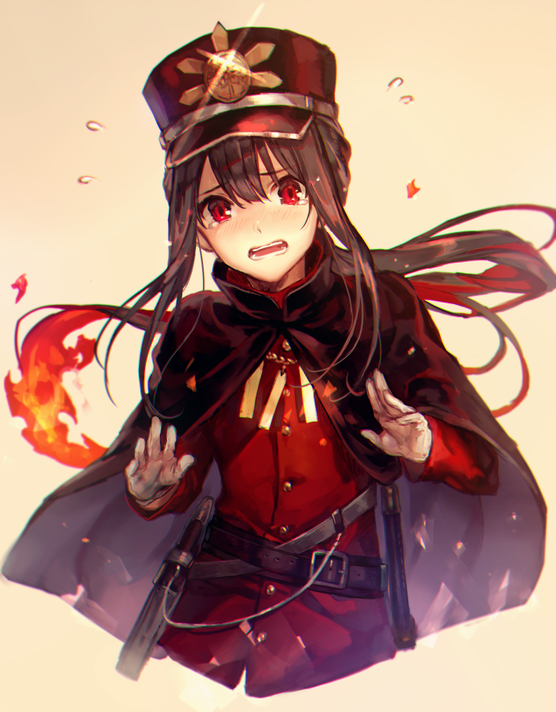 1boy black_hair cape fate/grand_order fate_(series) gloves hair_between_eyes hat holster japanese_clothes long_hair long_sleeves low_ponytail male_focus military military_hat military_uniform oda_nobuyuki_(fate/grand_order) open_mouth panicking peaked_cap red_eyes red_shirt shigaraki_(strobe_blue) shirt sidelocks solo tearing_up teeth uniform upper_body white_gloves