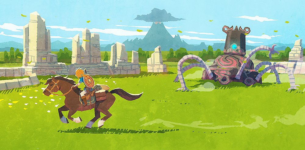 1boy architecture blonde_hair cityscape clouds grass guardian_(breath_of_the_wild) horse hyogonosuke landscape link mountain robot ruins saddle scenery shield the_legend_of_zelda the_legend_of_zelda:_breath_of_the_wild
