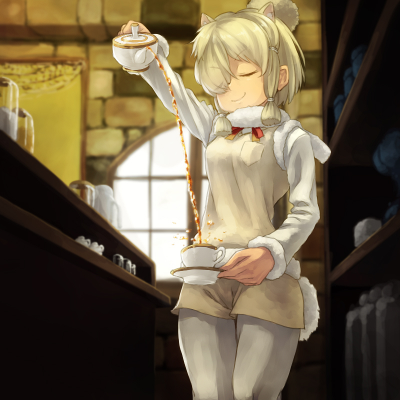 1girl alpaca_ears alpaca_suri alpaca_tail arm_up blonde_hair breasts brick_wall cafe closed_eyes commentary_request counter cup decantering eyebrows_visible_through_hair eyes_visible_through_hair gradient_hair hair_over_one_eye indoors kemono_friends long_sleeves lonsdaleite multicolored_hair neck_ribbon pantyhose pouring ribbon shelf smile solo tea teacup teapot white_legwear window