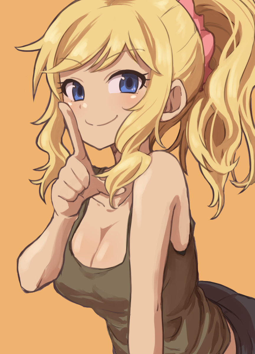 1girl blonde_hair blue_eyes breasts cleavage finger_to_mouth gazacy_(dai) hair_ornament hair_scrunchie highres idolmaster idolmaster_cinderella_girls long_hair ootsuki_yui pants ponytail scrunchie smile solo upper_body vest