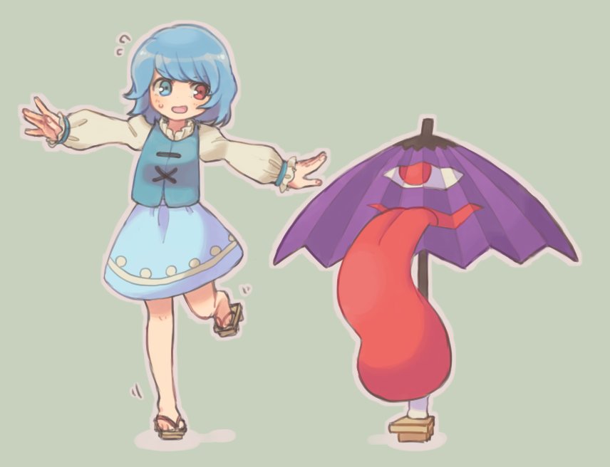 1girl :d balancing blue_hair blue_skirt blue_vest eyebrows_visible_through_hair flying_sweatdrops frilled_sleeves frills geta grey_background heterochromia juliet_sleeves karakasa_obake long_sleeves looking_at_another open_mouth outstretched_arms puffy_long_sleeves puffy_sleeves sasa_kichi short_hair skirt smile spread_arms standing standing_on_one_leg tatara_kogasa tongue tongue_out touhou umbrella vest