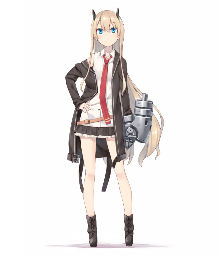 1girl belt blonde_hair blue_eyes boots contrapposto cross-laced_footwear eyebrows_visible_through_hair frilled_skirt frills full_body gauntlets hand_on_hip horns jacket lace-up_boots long_hair looking_at_viewer necktie off_shoulder original poco_(asahi_age) power_glove red_necktie shadow shirt simple_background skirt sleeveless solo standing very_long_hair white_background white_shirt