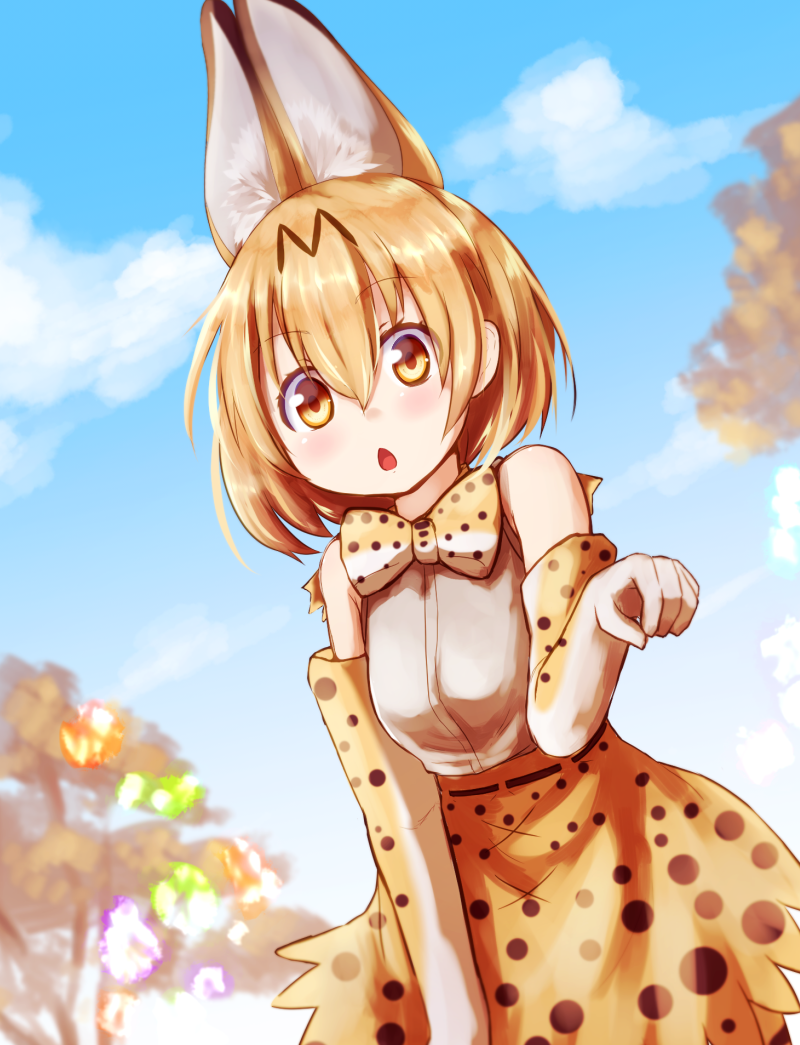 1girl animal_ears baram blue_sky bow bowtie clouds commentary_request cross-laced_clothes day elbow_gloves gloves hair_between_eyes high-waist_skirt japari_symbol kemono_friends looking_at_viewer open_mouth outdoors paw_pose serval_(kemono_friends) serval_ears serval_print serval_tail shirt skirt sky sleeveless sleeveless_shirt solo striped_tail tail tareme tree