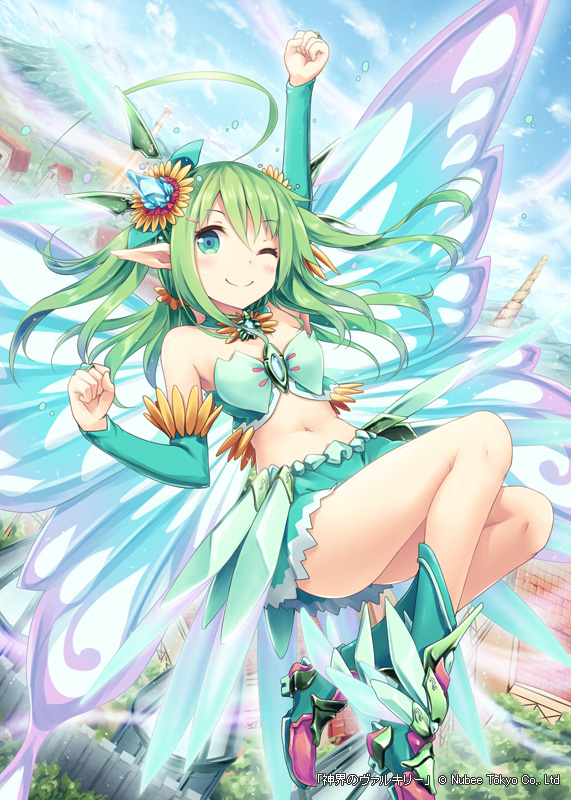 1girl ;) ahoge akkijin aqua_eyes aqua_skirt arm_up armor armored_boots ass bangs bare_shoulders blue_sky boots bridal_gauntlets brooch building butterfly butterfly_wings clenched_hands closed_mouth clouds crystal day detached_collar dutch_angle elbow_gloves eyebrows_visible_through_hair fairy fairy_wings flower flying gem gloves glowing glowing_wings green_eyes green_hair hair_flower hair_ornament hairclip house huge_ahoge jewelry knee_boots long_hair looking_at_viewer miniskirt navel one_eye_closed outdoors pixie_servant_(shinkai_no_valkyrie) pointy_ears raised_fist shinkai_no_valkyrie skirt sky smile stomach strapless sunflower tareme tile_roof tubetop upskirt village wings