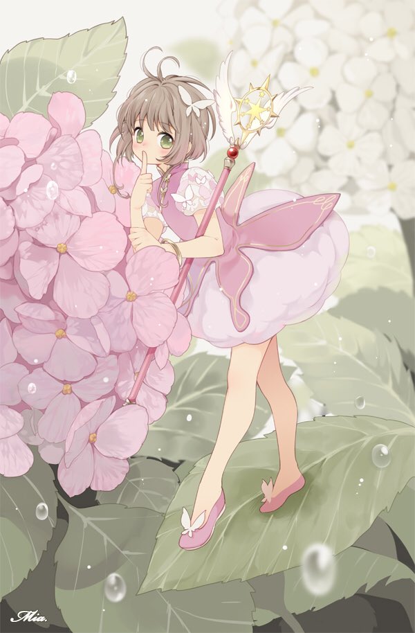 1girl antenna_hair artist_name brown_hair card_captor_sakura dress flower full_body fuuin_no_tsue green_eyes hair_flower hair_ornament hoshi_no_tsue hydrangea kinomoto_sakura leaf leave looking_at_viewer magical_girl mia0309 minigirl short_hair signature solo wand water wings