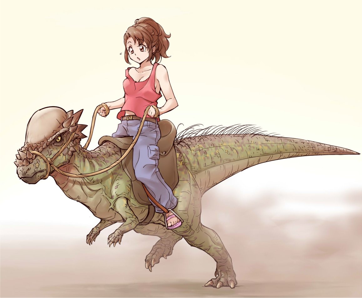 1girl bare_shoulders belt blue_pants breasts brown_eyes brown_hair cargo_pants cleavage dinosaur ogry_ching open_mouth pachycephalosaurus pants ponytail red_shirt reins riding riding_dinosaur saddle sandals shirt sleeveless tank_top