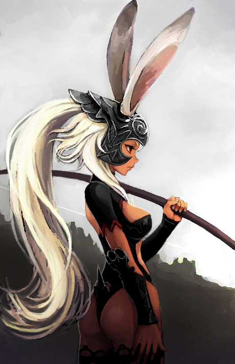 1girl animal_ears armor black_legwear black_leotard bow_(weapon) bracer breasts cleavage_cutout closed_mouth cowboy_shot dark_skin final_fantasy final_fantasy_xii fran from_side helmet hiro1984 holding holding_weapon lace lace-trimmed_thighhighs leotard long_hair medium_breasts rabbit_ears red_eyes revealing_clothes short_sleeves sketch solo standing thigh-highs thong_leotard viera weapon white_hair