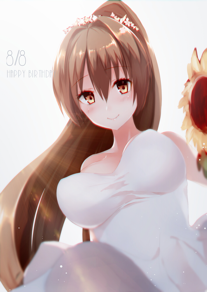 1girl blush breasts brown_eyes brown_hair cherry_blossoms closed_mouth collarbone dated dress eyebrows_visible_through_hair hair_between_eyes hair_intakes happy_birthday kantai_collection large_breasts light_rays long_hair looking_at_viewer looking_down ponytail sakiryo_kanna smile solo underbust very_long_hair white_dress yamato_(kantai_collection)