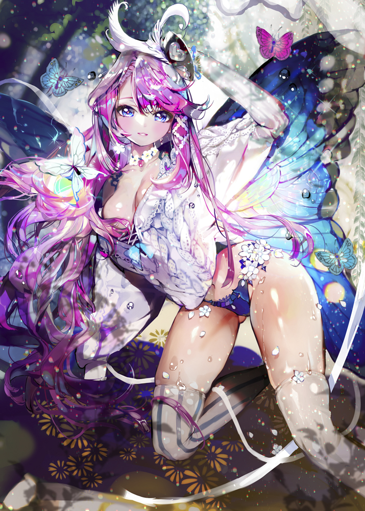 1girl blue_eyes blush breasts butterfly_wings cleavage dahl-lange large_breasts long_hair looking_at_viewer navel parted_lips purple_hair qurare_magic_library revision shiny shiny_skin skindentation smile solo thigh-highs wings