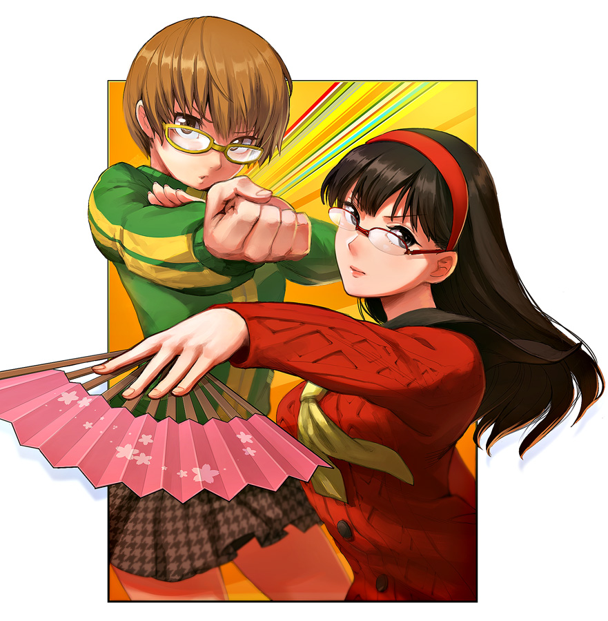 2girls amagi_yukiko black_eyes black_hair brown_hair cowboy_shot fan fighting_stance folding_fan glasses hairband houndstooth jacket lipstick long_hair looking_at_viewer makeup multiple_girls nekorin_(nekoforest) parted_lips persona persona_4 pleated_skirt satonaka_chie short_hair skirt sweater track_jacket upper_body