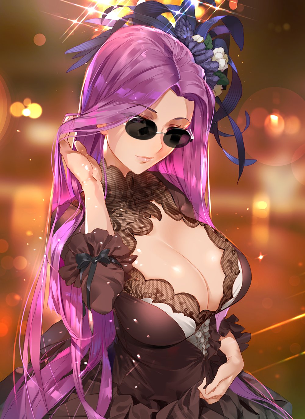 adjusting_hair alternate_costume black_dress black_ribbon blurry bokeh breasts cleavage depth_of_field dress fate/grand_order fate/stay_night fate_(series) flower hair_flower hair_ornament highres large_breasts light_particles long_hair meme purple_hair ribbon rider salt_bae_(meme) smile sunglasses very_long_hair violet_eyes yang-do