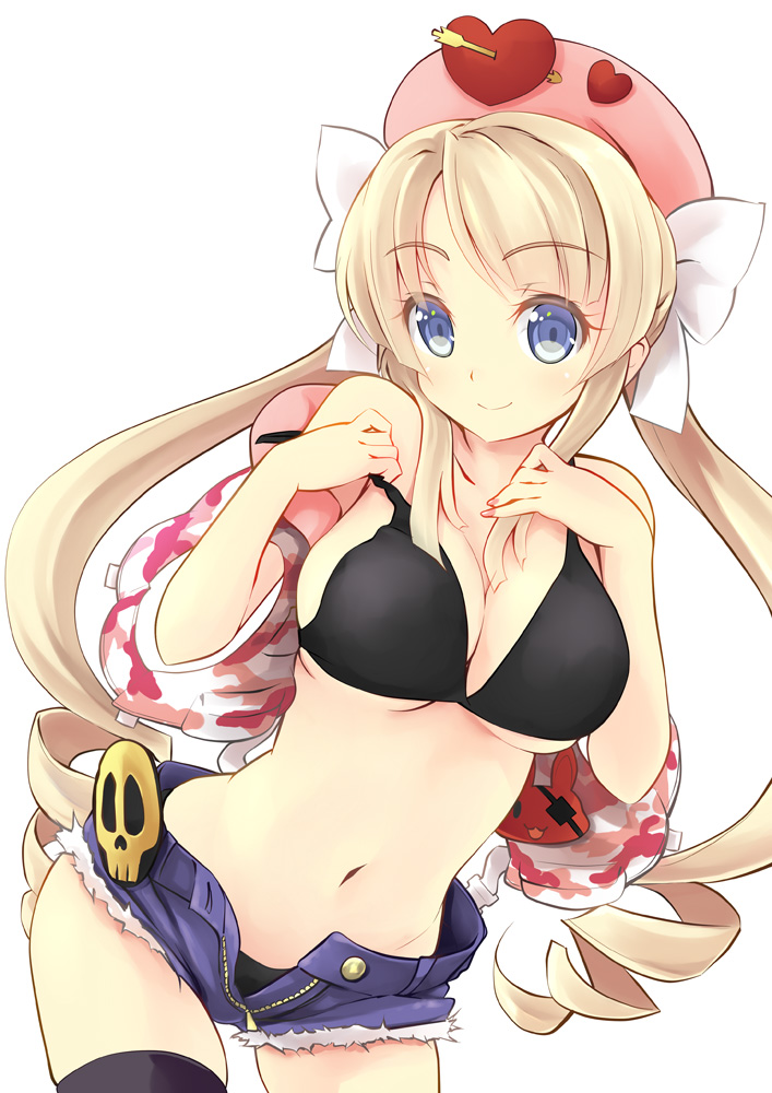 1girl black_bikini_bottom black_bikini_top blonde_hair blue_eyes blush breasts cleavage drill_hair eyebrows_visible_through_hair hat heart_shape heavy_object kdc_(koineko) large_breasts long_hair looking_at_viewer monica_(heavy_object) nail_polish navel ribbon short_shorts shorts simple_background smile solo twin_drills twintails white_background