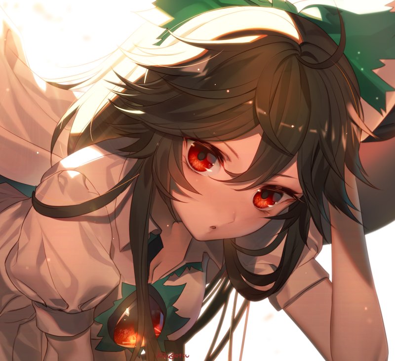 1girl ahoge backlighting bow breasts brown_hair cape cleavage collared_shirt commentary_request green_bow hair_between_eyes hair_bow hand_in_hair hand_on_own_head kikugetsu long_hair looking_at_viewer puffy_short_sleeves puffy_sleeves red_eyes reiuji_utsuho shirt short_sleeves solo third_eye touhou tsurime upper_body white_background white_cape white_shirt