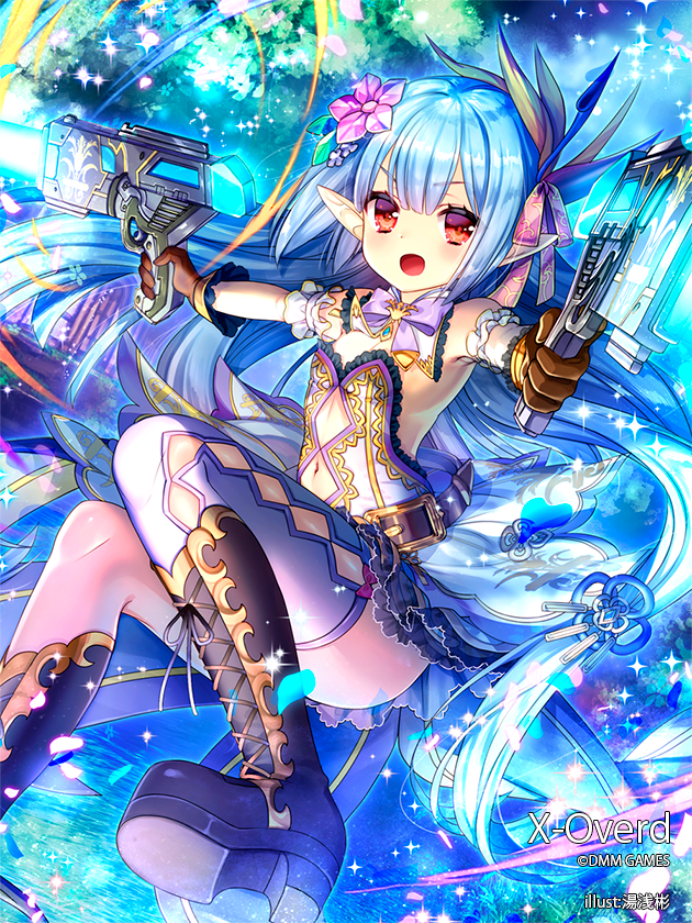1girl armband bad_proportions beam_gun belt black_boots blue_hair boots brown_gloves copyright_name dual_wielding flower gloves gun hair_flower hair_ornament hair_tie long_hair looking_at_viewer midriff_peek navel official_art open_back open_mouth outdoors pointy_ears red_eyes single_thighhigh strelicia thigh-highs tree very_long_hair weapon white_legwear x-overd yuasa_akira