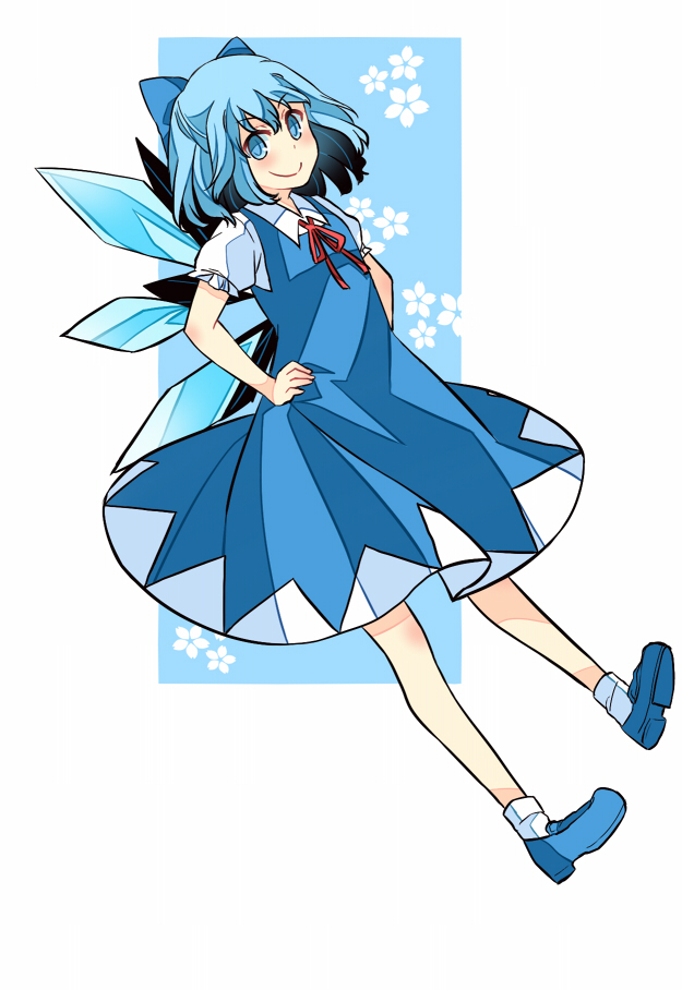 &gt;:) 1girl blue_bow blue_dress blue_eyes blue_hair blue_shoes blush bow cirno closed_mouth dress full_body hair_bow hands_on_hips haya_taro_pochi ice ice_wings looking_at_viewer neck_ribbon puffy_short_sleeves puffy_sleeves red_ribbon ribbon shoes short_hair short_sleeves smile socks solo touhou white_legwear wings