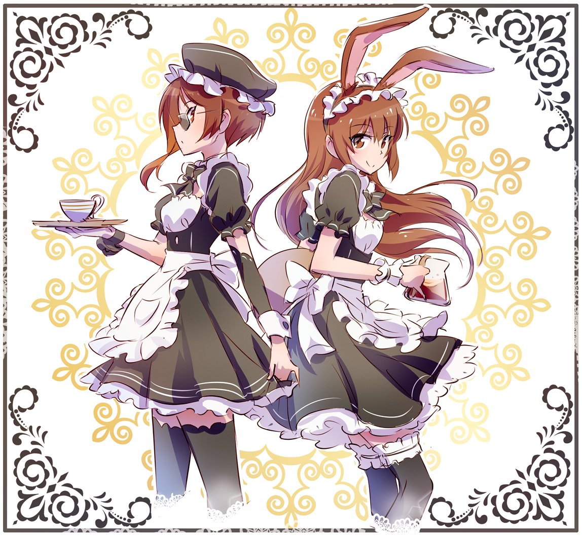 2girls animal_ears apron brown_eyes brown_hair coco_adel coffee commentary cup frilled_skirt frills iesupa maid maid_apron maid_cap maid_headdress multiple_girls rabbit_ears rwby skirt sunglasses thigh-highs tray velvet_scarlatina waitress