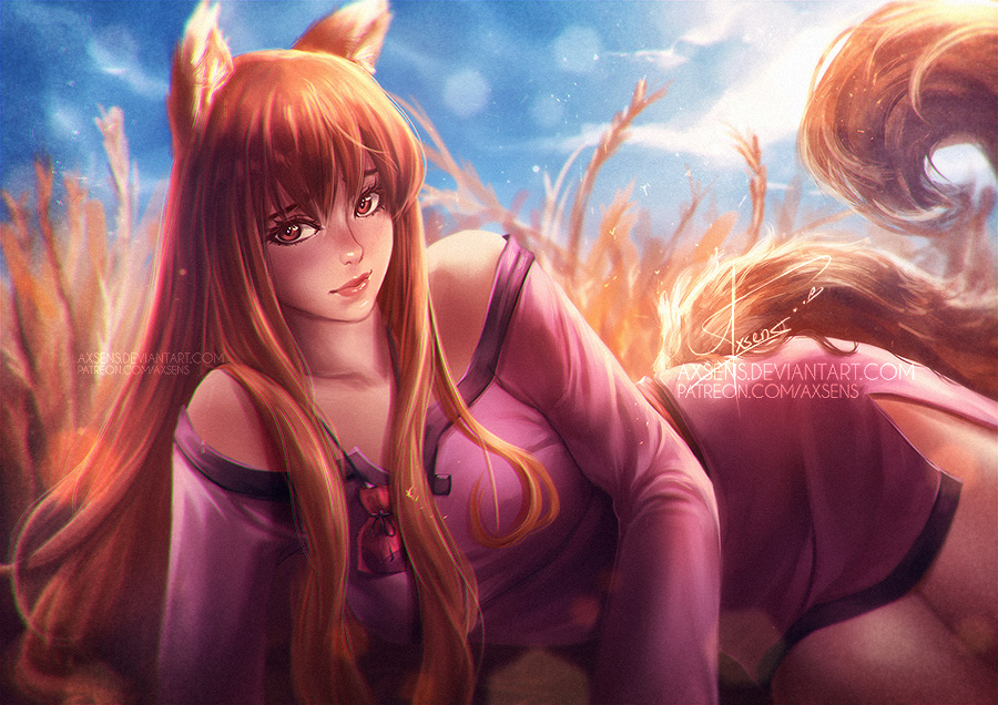 alexandra_mae animal_ears blue_sky brown_hair dress holo lens_flare long_hair pink_dress red_eyes side_slit signature sitting sky smile spice_and_wolf tail watermark web_address wolf_ears wolf_tail yokozuwari