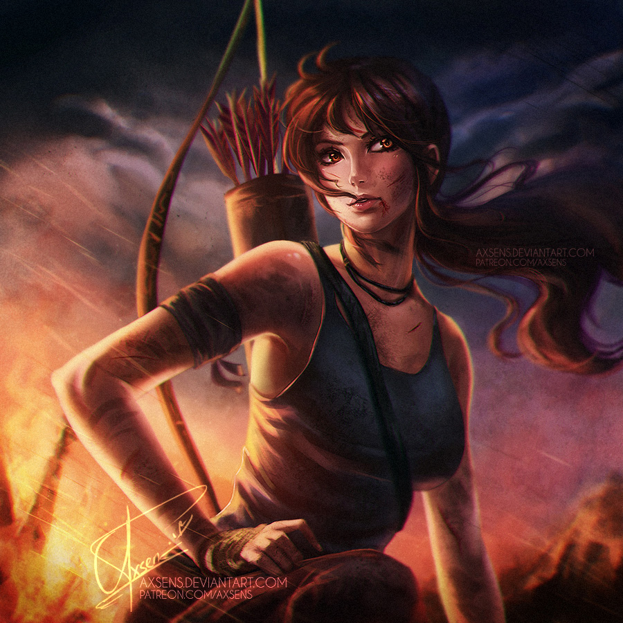 1girl alexandra_mae armband arrow blurry bow_(weapon) brown_eyes brown_hair cuts dirty dirty_face injury jewelry lara_croft lips necklace ponytail quiver signature solo tank_top tomb_raider tomb_raider_(reboot) watermark weapon web_address