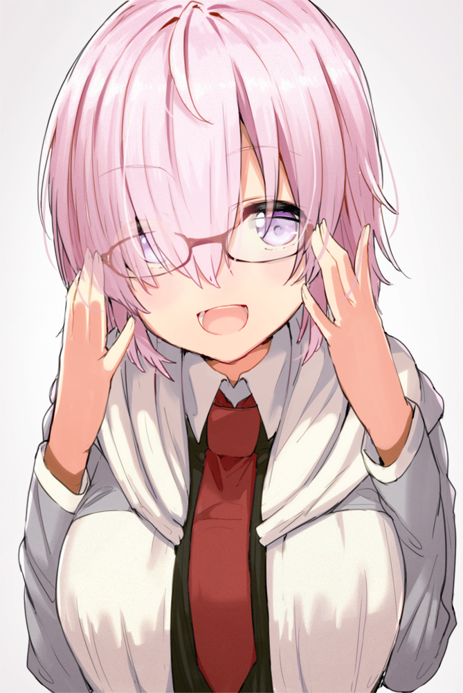 1girl :d adjusting_glasses ahoge blush breasts brown-framed_eyewear commentary_request eyes_visible_through_hair fate/grand_order fate_(series) glasses grey_background grey_jacket hair_over_one_eye haruken jacket long_sleeves looking_at_viewer medium_breasts necktie open_clothes open_jacket open_mouth pink_eyes pink_hair red_necktie shielder_(fate/grand_order) shiny shiny_hair short_hair simple_background smile solo tareme upper_body wing_collar
