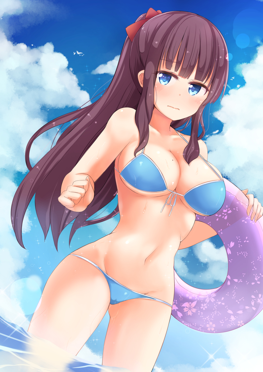 1girl 3: bikini blue_bikini blue_eyes blue_sky blush breasts cleavage clouds collarbone cowboy_shot day dutch_angle floral_print front-tie_top hair_ornament holding innertube large_breasts lens_flare long_hair looking_at_viewer mole mole_on_breast naigou navel new_game! ocean ponytail purple_hair revision sakura sidelocks sky solo swimsuit takimoto_hifumi wading water wet