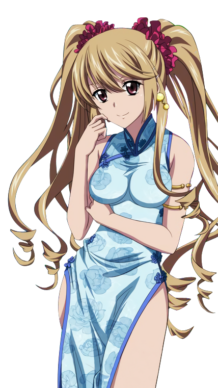 1girl aiba_asagi armlet blue_dress brown_eyes brown_hair china_dress chinese_clothes cowboy_shot dress earrings hair_ornament hair_scrunchie jewelry long_hair looking_at_viewer scrunchie smile solo standing strike_the_blood transparent_background twintails very_long_hair