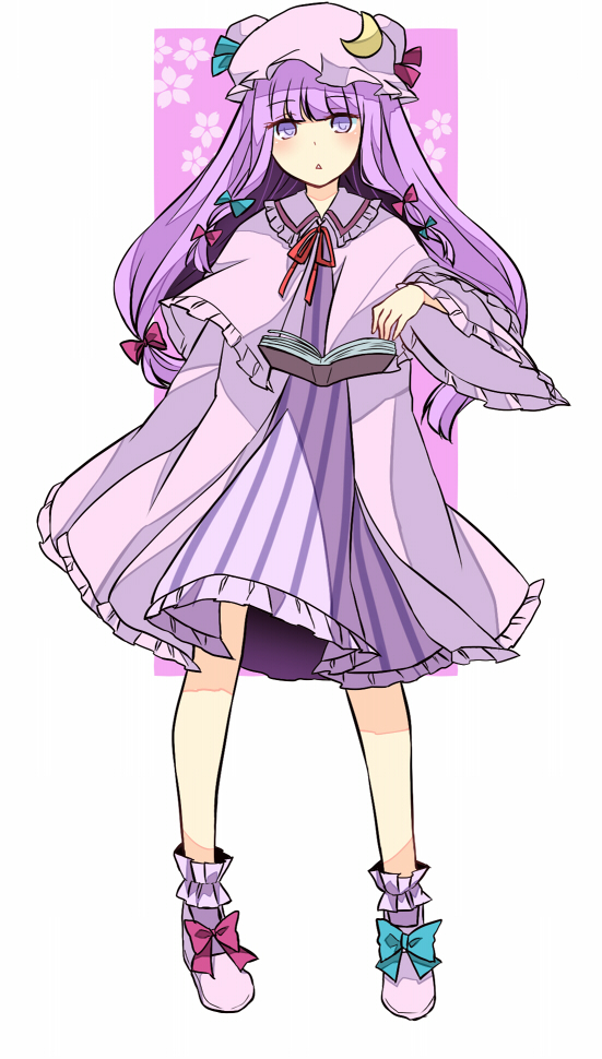 1girl bangs blue_bow blue_ribbon blush book bow capelet crescent dress frilled_sleeves frills full_body hair_bow hat hat_ribbon haya_taro_pochi long_hair long_sleeves looking_at_viewer mob_cap neck_ribbon open_book pajamas parted_lips patchouli_knowledge purple_bow purple_hair purple_ribbon red_ribbon ribbon sidelocks solo standing striped touhou triangle_mouth vertical-striped_dress vertical_stripes violet_eyes wide_sleeves