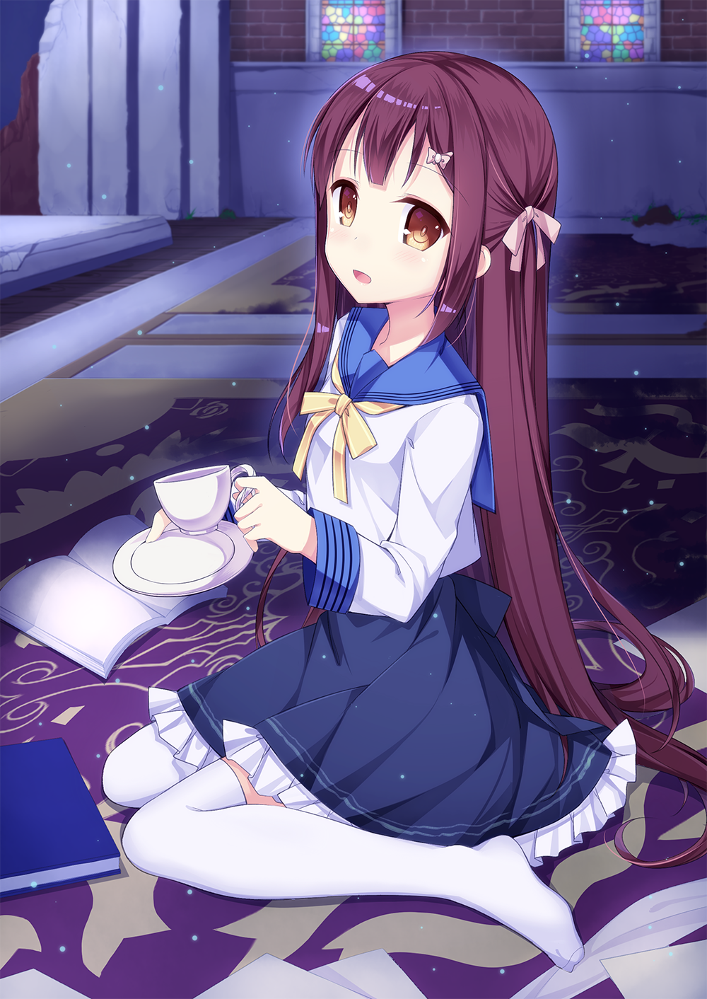 1girl amemiya_ruki bangs blouse blue_skirt blush book brown_eyes cup eyebrows_visible_through_hair frilled_skirt frills from_side hair_ornament hair_ribbon highres holding holding_cup holding_plate long_hair looking_at_viewer open_book open_mouth original pink_ribbon plate purple_hair ribbon ruins sailor_collar saucer sitting skirt solo stained_glass tareme teacup thigh-highs very_long_hair wariza white_blouse white_legwear