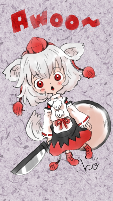 1girl :o animal_ears blush dress hat inubashiri_momiji meme red_eyes shield short_hair signature silver_hair sword takeuchi_kou tokin_hat touhou weapon wolf_ears