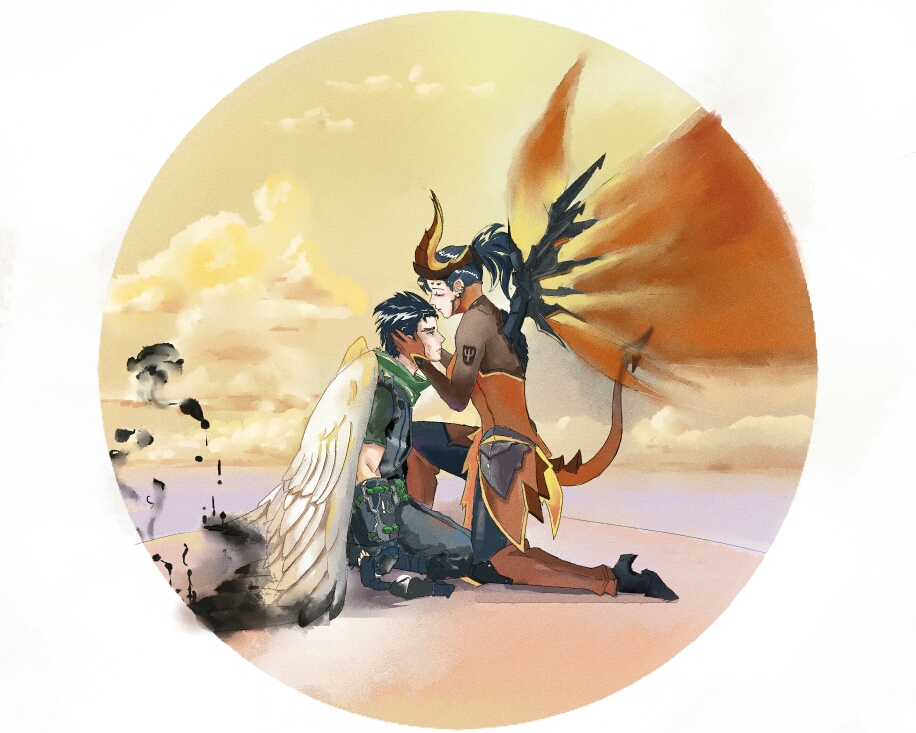 1boy 1girl alternate_costume angel angel_wings armor black_gloves black_hair bodysuit breasts circular_image clouds commentary_request corruption dark_persona demon_horns demon_tail devil_mercy emblem facial_mark faulds feathered_wings fiery_wings forehead_kiss forehead_mark forehead_protector full_body genji_(overwatch) gloves hands_on_another's_face headband high_ponytail horns japanese_clothes kiss kneeling looking_at_another mechanical_wings medium_breasts mercy_(overwatch) on_ground orange_wings outdoors overwatch patch pelvic_curtain short_hair short_sleeves sparrow_genji spread_wings tail white_wings wings xiao_qigai_luoke yellow_sky younger