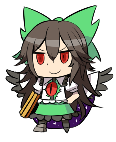 &gt;:) 1girl arm_at_side arm_cannon asymmetrical_clothes bird_wings black_wings bow brown_hair cape chibi collared_shirt eyebrows_visible_through_hair fate/grand_order fate_(series) full_body hair_between_eyes hair_bow hand_on_hip jitome long_hair looking_afar lowres mismatched_footwear puffy_short_sleeves puffy_sleeves red_eyes reiuji_utsuho riyo_(lyomsnpmp)_(style) shirt short_sleeves simple_background skirt slit_pupils smile smirk smug solo standing third_eye touhou uchisukui very_long_hair weapon white_background wing_collar wings