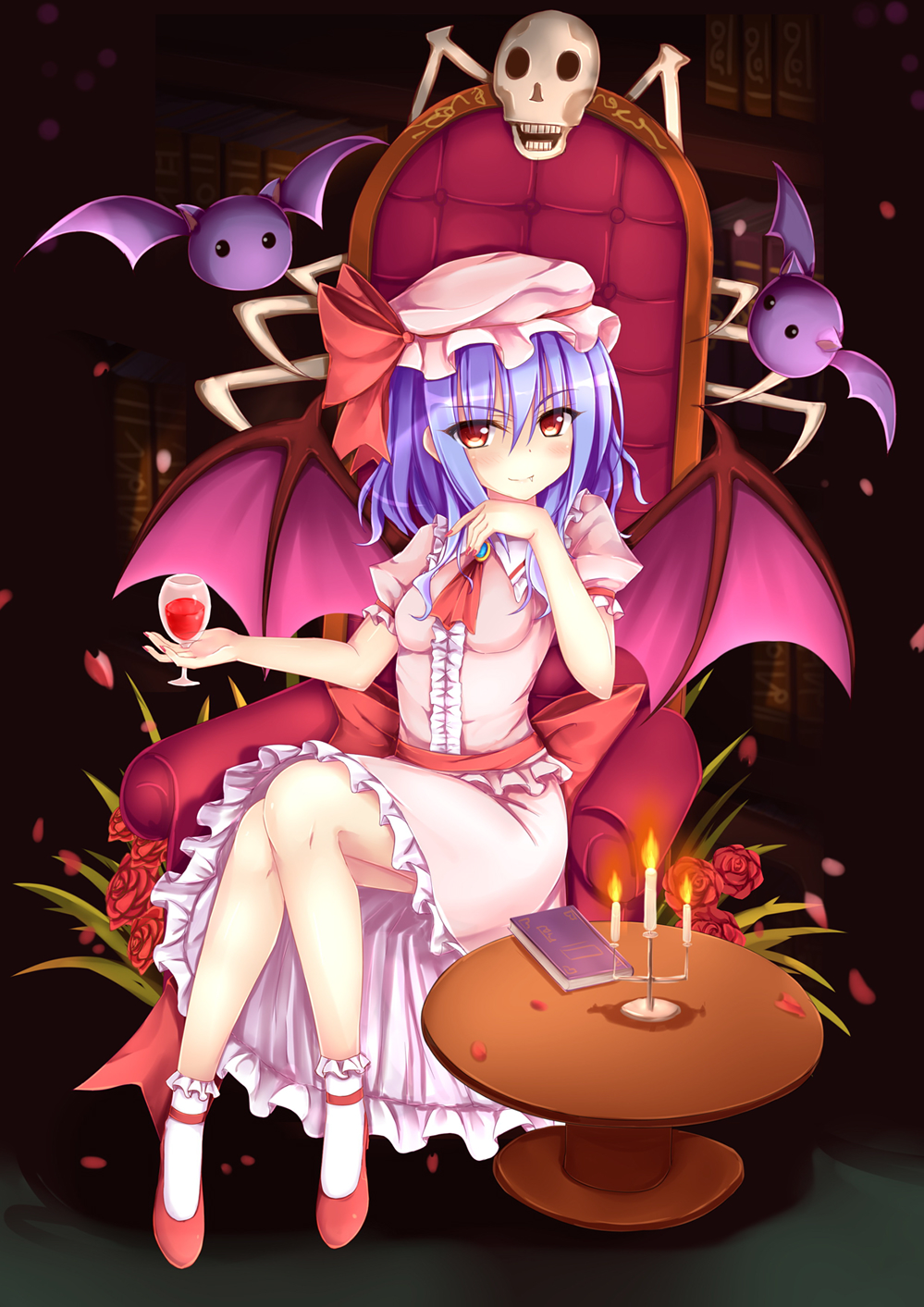 &gt;:) 1girl book breasts brown_eyes candle candlestand chair closed_mouth collared_dress creature cup demon_wings dress drinking_glass eyebrows_visible_through_hair fang_out fire flower frilled_legwear frilled_sleeves frills full_body hair_between_eyes hat highres mob_cap nail_polish nanairo_fuusen pink_dress puffy_short_sleeves puffy_sleeves purple_hair red_nails red_rose red_shoes remilia_scarlet rose shoes short_sleeves sitting skull small_breasts smile socks table touhou vampire white_legwear wine_glass wings