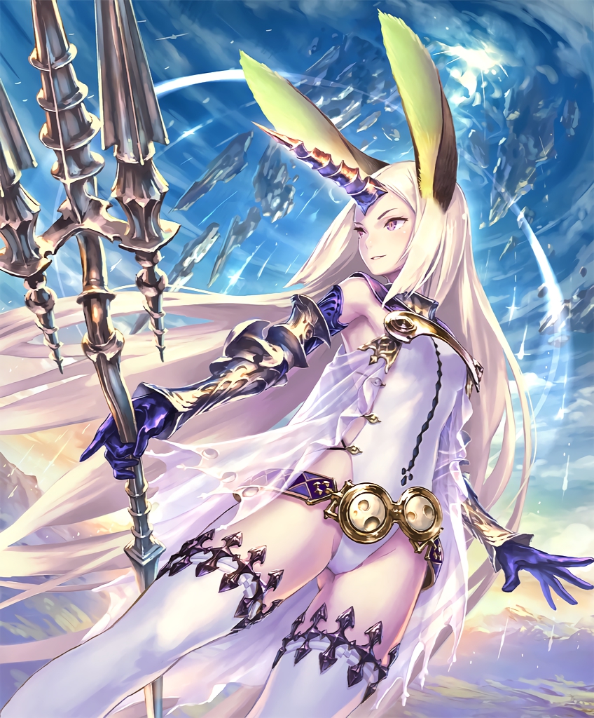1girl animal_ears artist_request belt bird bracer breasts bunny_girl clouds cloudy_sky dress elbow_gloves floating_rock gloves horn long_hair luxhorn_sarissa mountain official_art polearm rabbit_ears see-through shadowverse sideboob sky smile thigh-highs trident very_long_hair violet_eyes weapon white_hair