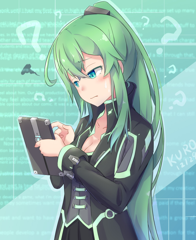 1girl ? aqua_eyes artist_name background_text bangs black_jacket black_skirt bracelet breasts choker cleavage closed_mouth coat collar collarbone dated destiny_(game) english eyebrows_visible_through_hair furrowed_eyebrows green_background green_eyes green_hair hair_between_eyes hands_up high_collar high_ponytail holding jacket jewelry kuroda_kuwa long_hair long_sleeves looking_down neon_trim original reading shiny shiny_hair signature skirt sleeve_cuffs solo squiggle standing sweat sweatdrop tablet upper_body warlock_(destiny)