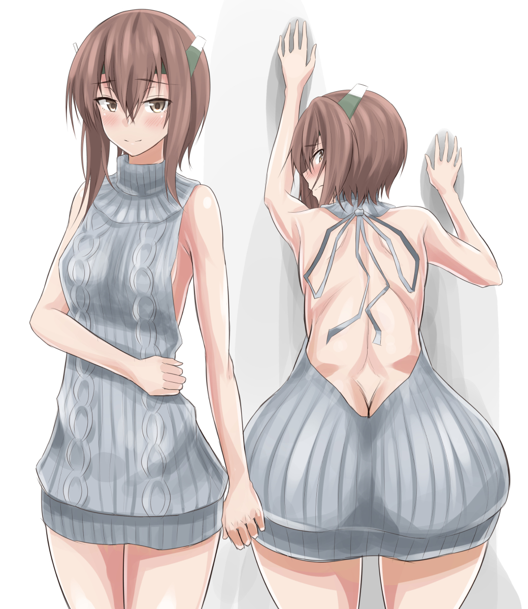 1girl against_wall alternate_costume aran_sweater ass back backless_outfit bare_arms bare_back bare_shoulders bent_over blush breasts brown_eyes brown_hair butt_crack closed_mouth cowboy_shot drawstring dress from_behind hair_between_eyes halterneck headband highres kantai_collection looking_at_viewer matsunaga_garana meme_attire multiple_views naked_sweater open-back_dress ribbed_sweater sideboob sleeveless sleeveless_turtleneck small_breasts sweater sweater_dress taihou_(kantai_collection) turtleneck turtleneck_sweater virgin_killer_sweater