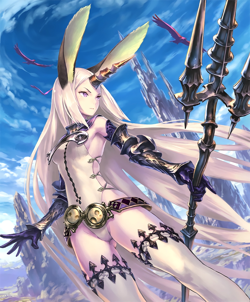 1girl animal_ears artist_request belt bird bracer breasts bunny_girl clouds cloudy_sky elbow_gloves gloves horn long_hair luxhorn_sarissa mountain official_art polearm rabbit_ears serious shadowverse sideboob sky thigh-highs trident very_long_hair violet_eyes weapon white_hair