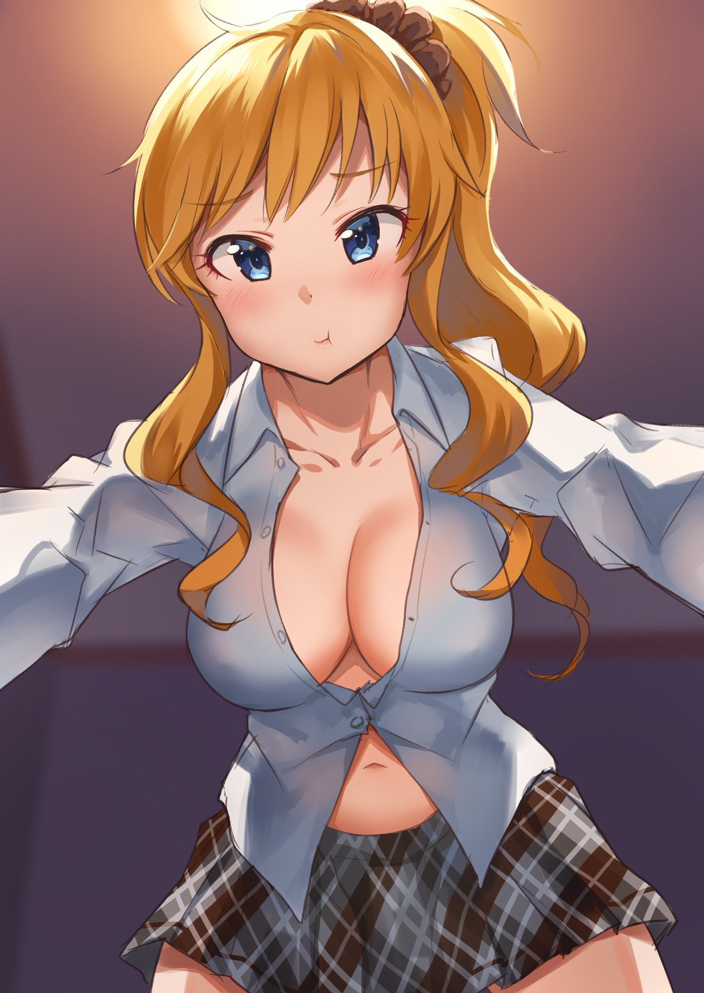 1girl :t bangs belly_peek blonde_hair blouse blue_eyes blush breasts cleavage collarbone commentary_request eyebrows_visible_through_hair eyelashes from_below highres idolmaster idolmaster_cinderella_girls indoors large_breasts long_hair looking_at_viewer midriff navel ootsuki_yui pinned plaid plaid_skirt pleated_skirt ponytail pout scrunchie skirt solo takeya_y0615 tsurime unbuttoned unbuttoned_shirt wavy_hair white_blouse