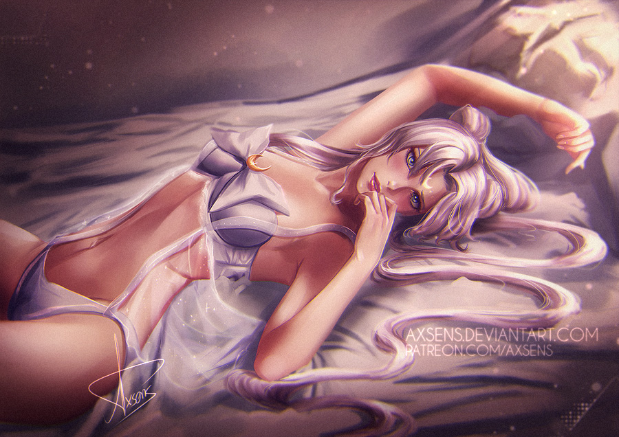 1girl alexandra_mae arm_up bishoujo_senshi_sailor_moon bow crescent double_bun facial_mark forehead_mark light lingerie long_hair lying navel on_back pink_lips queen_serenity signature solo twintails underwear very_long_hair vignetting watermark web_address white_bow white_hair